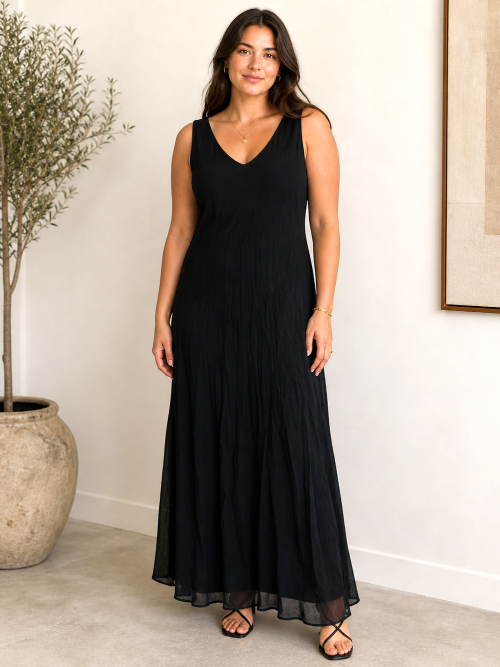 Tessuto Vintage 90s Y2K Black V-Neck Chiffon Maxi Sleeveless Whimsigoth Dress XL